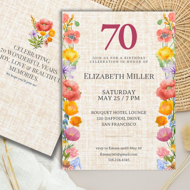 Convites Floral 70th Birthday - Elegant Garden Party (Criador carregado)