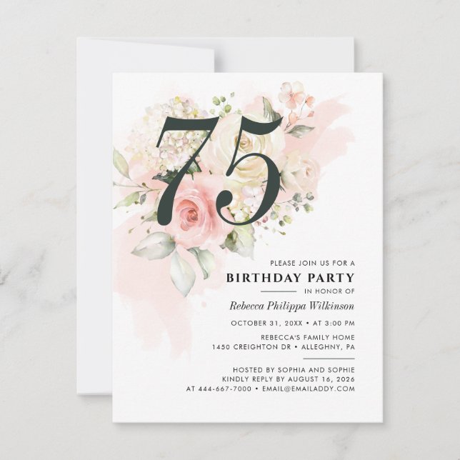 Convites Floral 75ª Festa de aniversário, rosa-d-água (Frente)