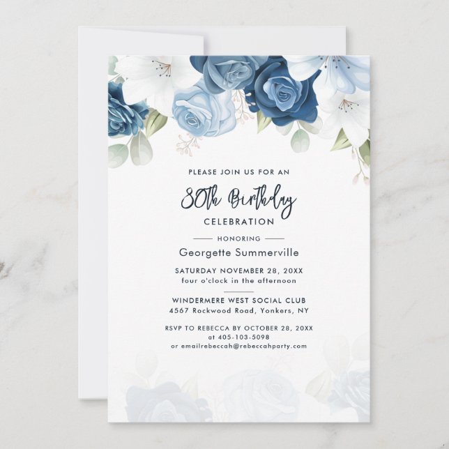Convites Floral 80 Birthday Dusty Blue Script Party (Frente)