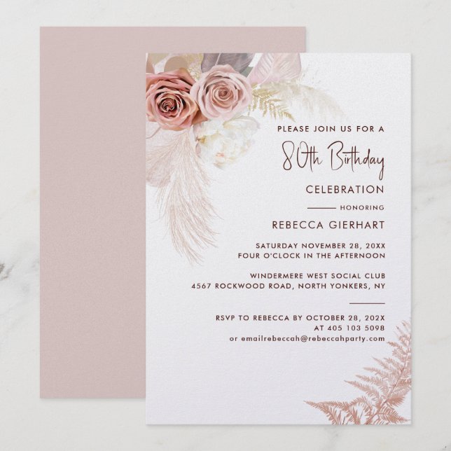 Convites Floral 80 Birthday Pampas Grass (Frente/Verso)
