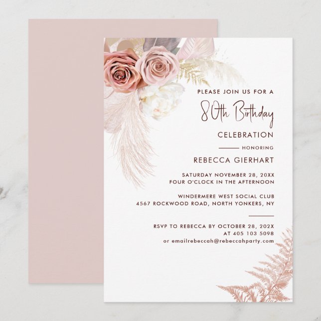 Convites Floral 80 Birthday Pampas Grass (Frente/Verso)