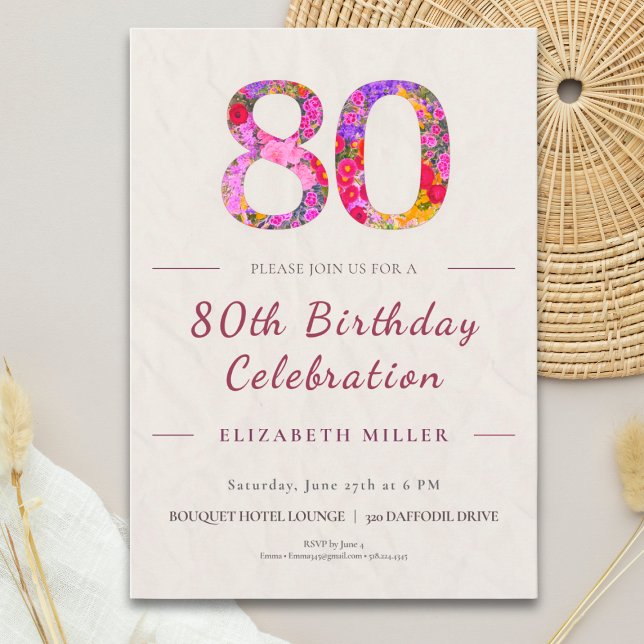 Convites Floral 80th Birthday - Elegant Celebration (Criador carregado)
