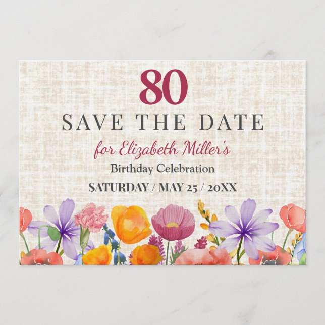 Convites Floral 80th Birthday Save the Date - Garden Party (Frente)