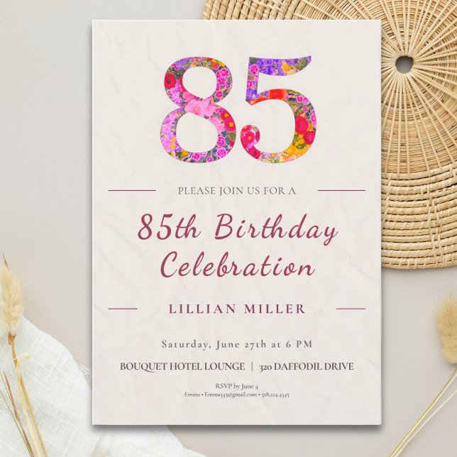 Convites Floral 85th Birthday - Elegant Celebration (Criador carregado)