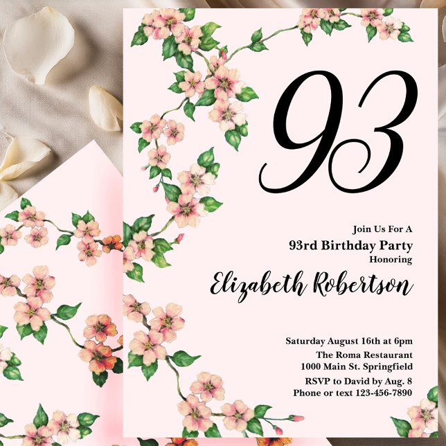 Convites Floral 93rd Birthday Invitation in Blush Pink (Criador carregado)
