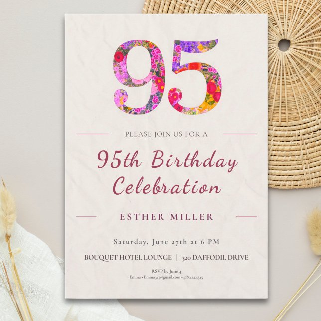 Convites Floral 95th Birthday - Elegant Celebration (Criador carregado)