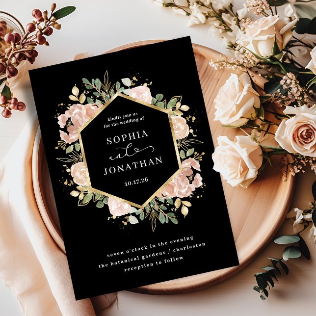 Convites Floral a Preto e Neutro de Aquarela | Casamento (An elegant, dark black floral wedding invitation with faux gold)