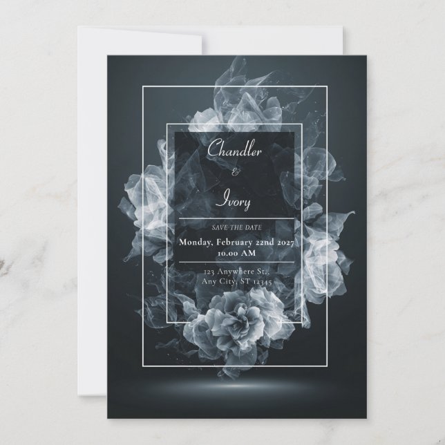 Convites Floral Abstrato Branco Fumê Etéreo Casamento Preto (Frente)
