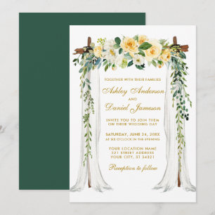 Convites Floral Amarelo Amarelo Verde Dourado de Casamento
