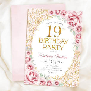 Convites Floral Aniversário de 19 Anos Bege Rosa Dourado