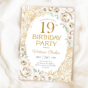 Convites Floral Aniversário de 19 anos Creme Dourado