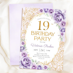 Convites Floral Aniversário de 19 Anos Lilás Roxo Dourado