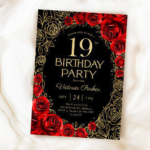 Convites Floral Aniversário de 19 Anos Vermelho Preto Doura
