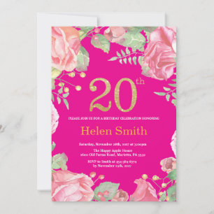 Convites Floral Aniversário de 20 anos Dourado Brilho e Ros