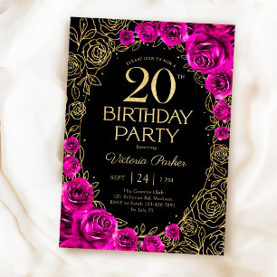 Convites Floral Aniversário de 20 anos Rosa Fúcsia Preto &