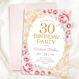 Convites Floral Aniversário de 30 anos Bege Rosa Dourado