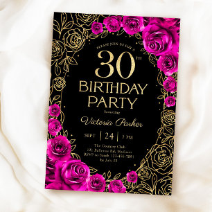 Convites Floral Aniversário de 30 anos Rosa Fúcsia Preto &