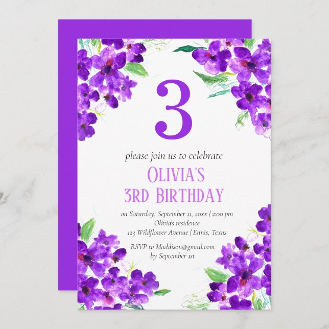 Convites Floral aniversário de 3 anos violeta russa (Frente/Verso)