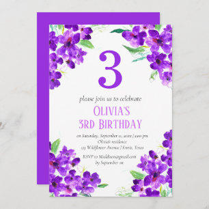 Convites Floral aniversário de 3 anos violeta russa