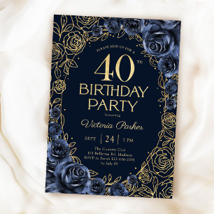 Convites Floral Aniversário de 40 anos Azul Marinho Dourado