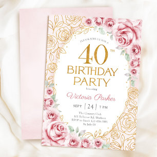 Convites Floral Aniversário de 40 anos Bege Rosa Dourado