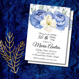 Convites Floral Aniversário de 50 anos Elegante Aquarela br