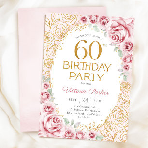 Convites Floral Aniversário de 60 anos Bege Rosa Dourado Fe
