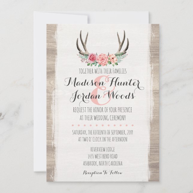 Convites Floral Antlers Rustic Wedding Personalizado Formal (Frente)