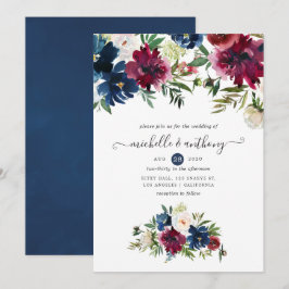 Convites Floral Aquarela Bordo e Azul Marinho