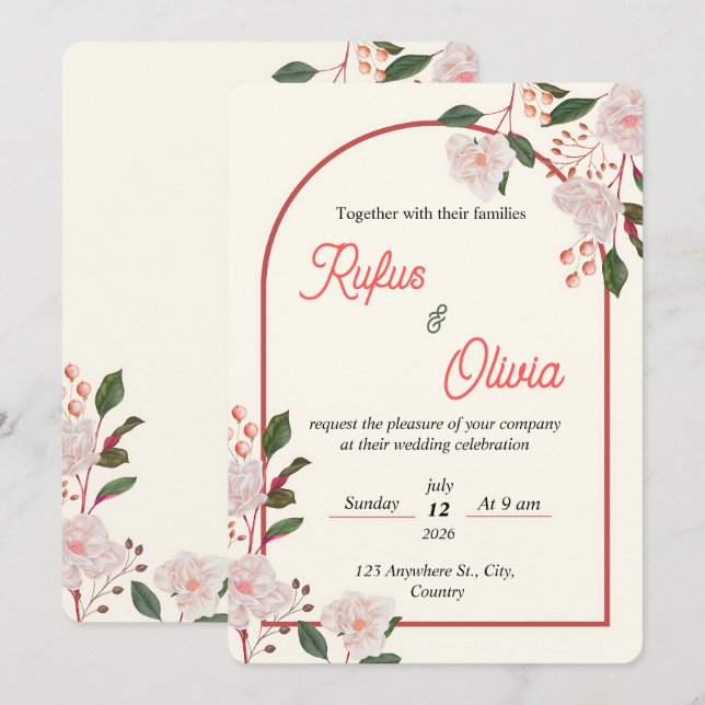 Convites Floral Arch Editable Wedding Invitation Template (Frente/Verso)
