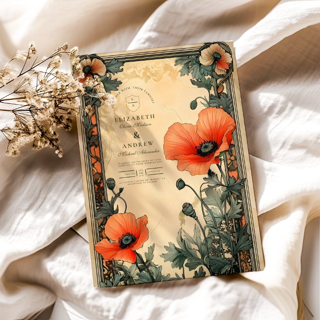 Convites Floral Art Nouveau Poppy Wedding (Criador carregado)