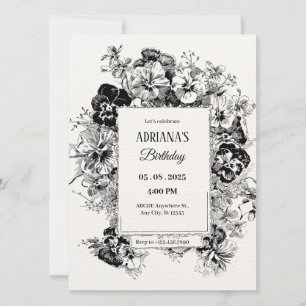 Convites floral artístico preto e branco de aniversário