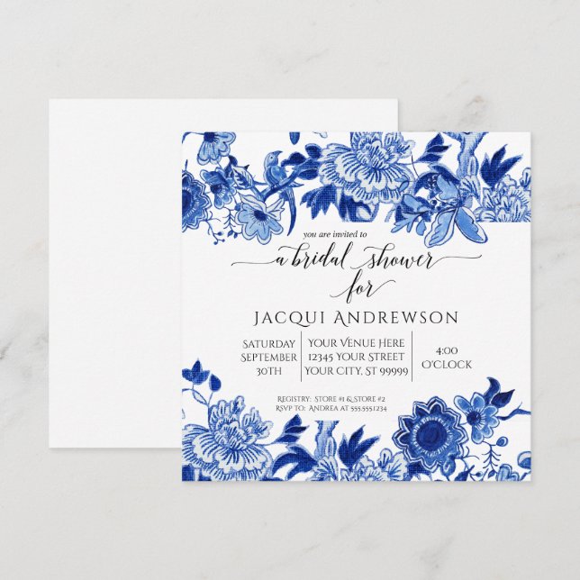 Convites Floral Azul Branco da Influência Asiática |Chá de  (Frente/Verso)