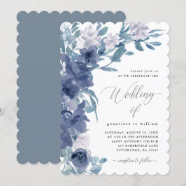 Convites Floral Azul Chic com Casamento Calliográfico