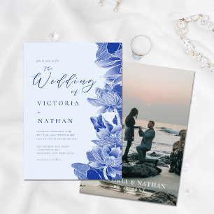 Convites Floral Azul Claro Com Foto Chinoiserie Casamento I