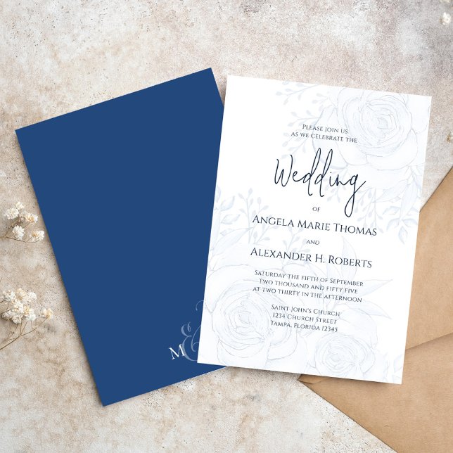 Convites Floral Azul Clássico de Caligrafia Elegante Simple (Wedding invitation with elegant floral foliage design)