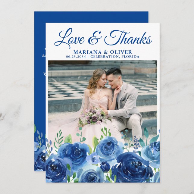 Convites Floral Azul do Marinho de Foto de Casamento (Frente/Verso)