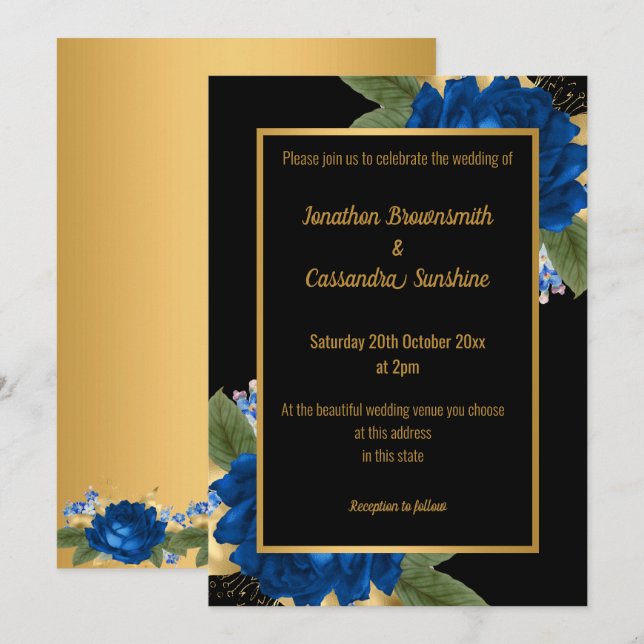 CONVITES FLORAL AZUL DOURADA SIMPLES E MODERNA CASAMENTO TO (Frente/Verso)