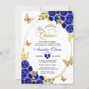 Convites Floral Azul Dourado Tiara Borboleta Mis Quinceañer