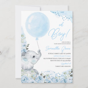 Convites Floral Azul É um Chá de fraldas Elefante