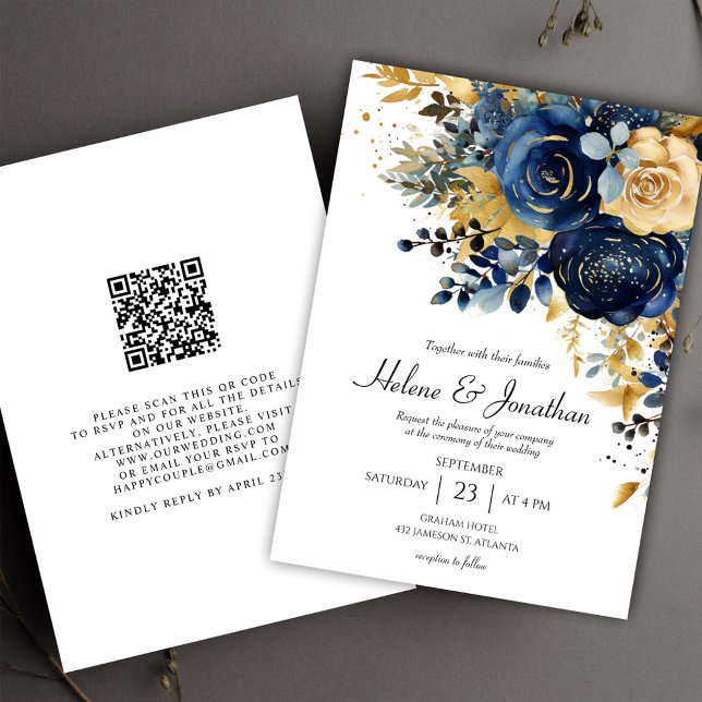 Convites Floral Azul Marinho Dourado Jardim Elegante Casame (Floral Navy Blue Gold Garden Elegant Wedding Invitation)