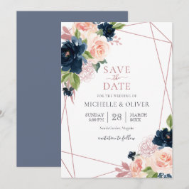 Convites Floral Azul Marinho e Bege Geométrico Salve a Data