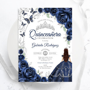 Convites Floral Azul Marinho Prata Quinceanera