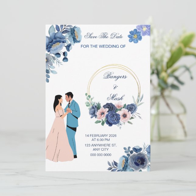 Convites Floral azul mínimo com Casal de casamento (Em pé/Frente)