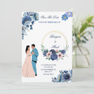Convites Floral azul mínimo com Casal de casamento
