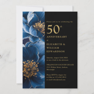 Convites Floral Azul Moderno Preto E Dourado 50º Aniversári