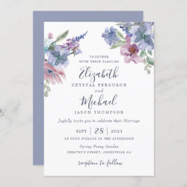 Convites Floral Azul Púrpura, Cor da Água, Blush Moderno