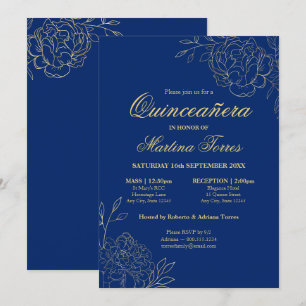 Convites Floral Azul Real Dourado Arte Fina Quinceanera