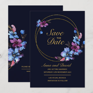 Convites Floral Azul Real Moderno Salva A Data