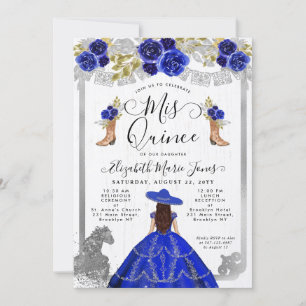 Convites Floral Azul Real Prata Cavalo Charra Quinceanera